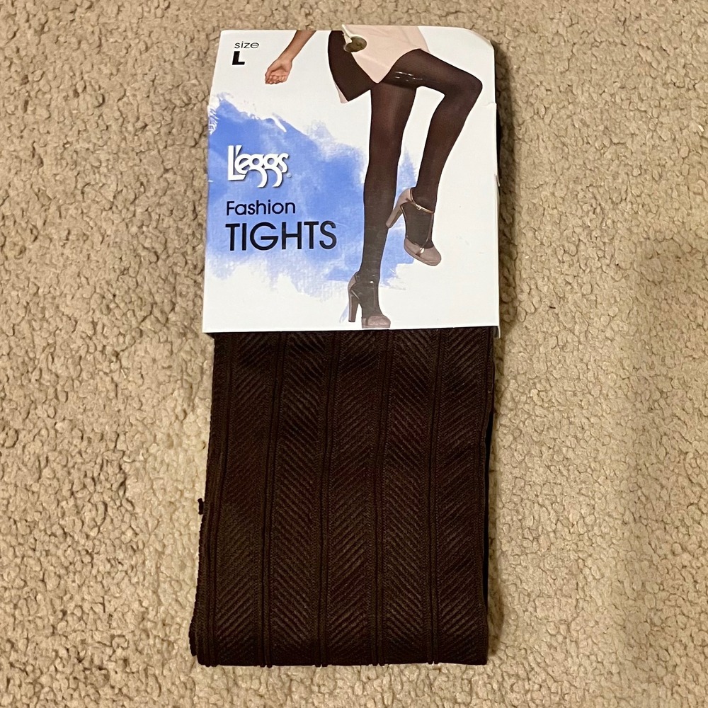 Leggs Fashion Tights Large Q Brown Chevron Herringbone Textured Ribbed 01304